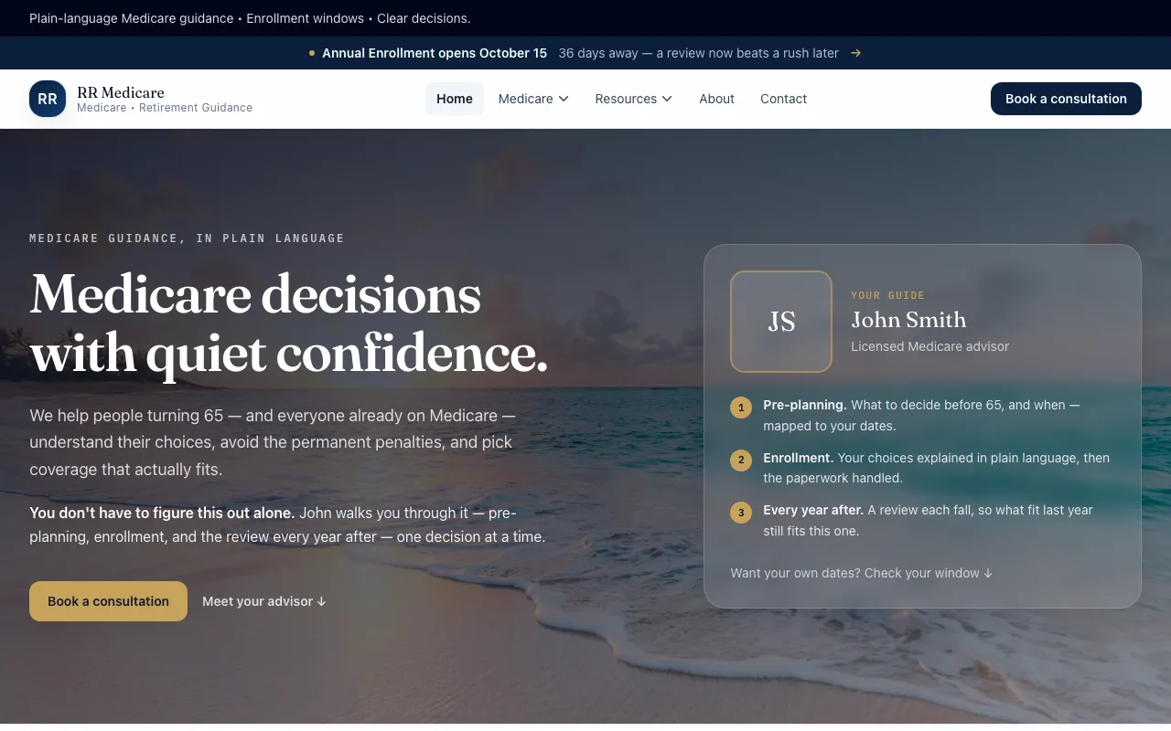 A live Reliable Reads Medicare member site: the advisor card and the three stages they walk you through, on the home page